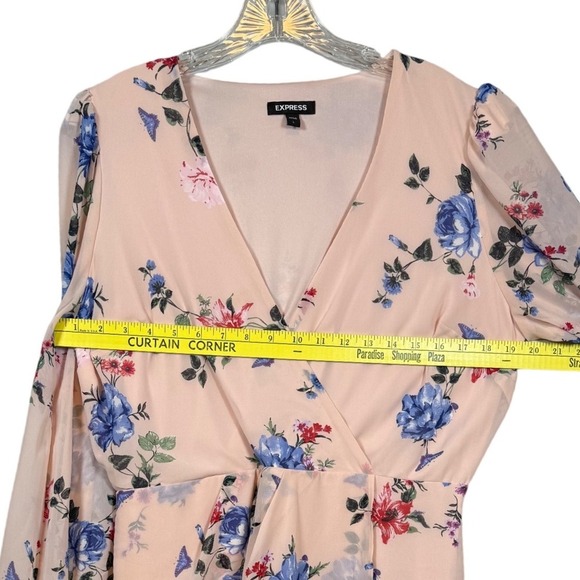 Express Floral Faux Wrap Tulip Hem Dress, Pink Print, Size Large - Picture 5 of 9